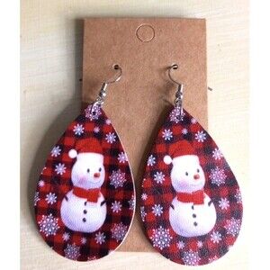 Snowman Earrings Snowflakes Red & Black Buffalo Plaid Santa Hat Double Sided